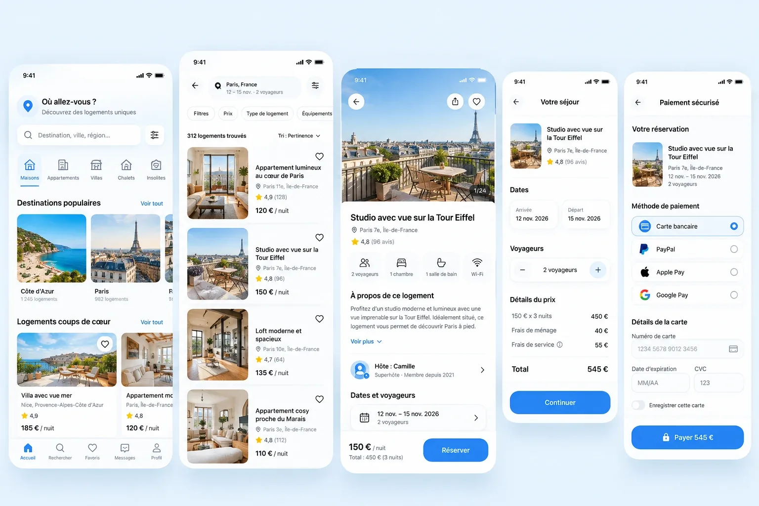 Exemple d’interface mobile de marketplace de location : recherche de logements, fiche du bien, réservation et paiement.