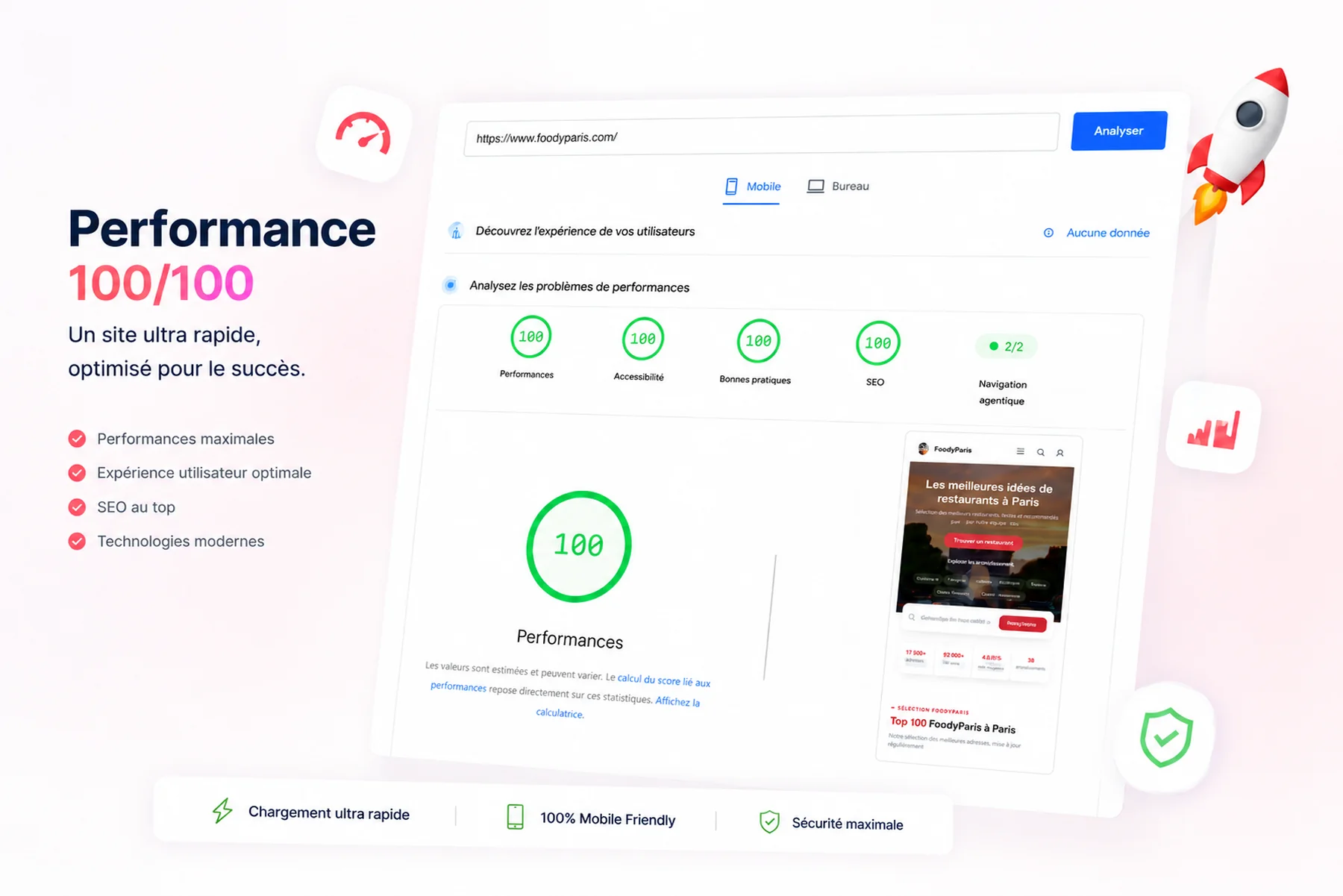 Score Google PageSpeed 100/100 obtenu sur un site créé par SEO500France : Performance, Accessibilité, Bonnes pratiques et SEO